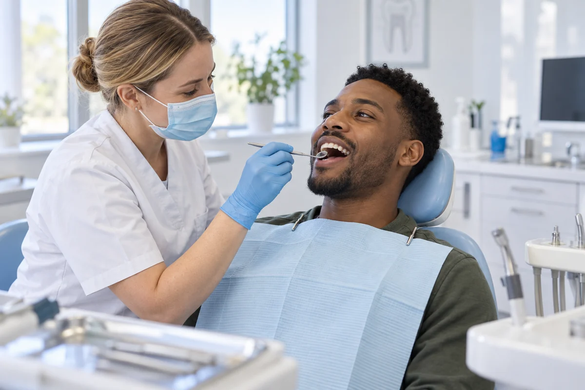 Editorial illustration of a routine dental check-up