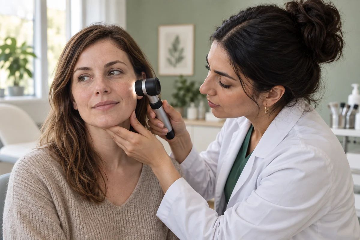 Editorial illustration of a clinician assessing facial skin