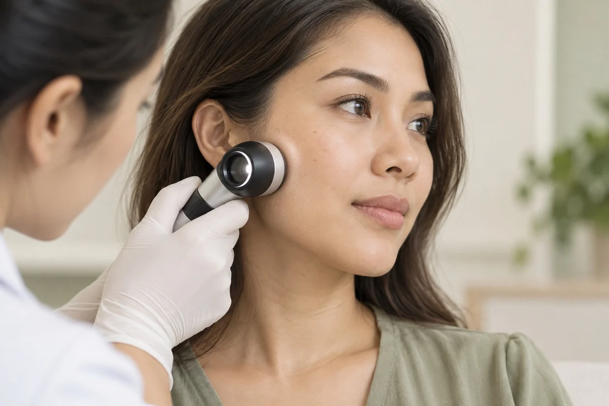 Editorial illustration of a clinician assessing facial skin