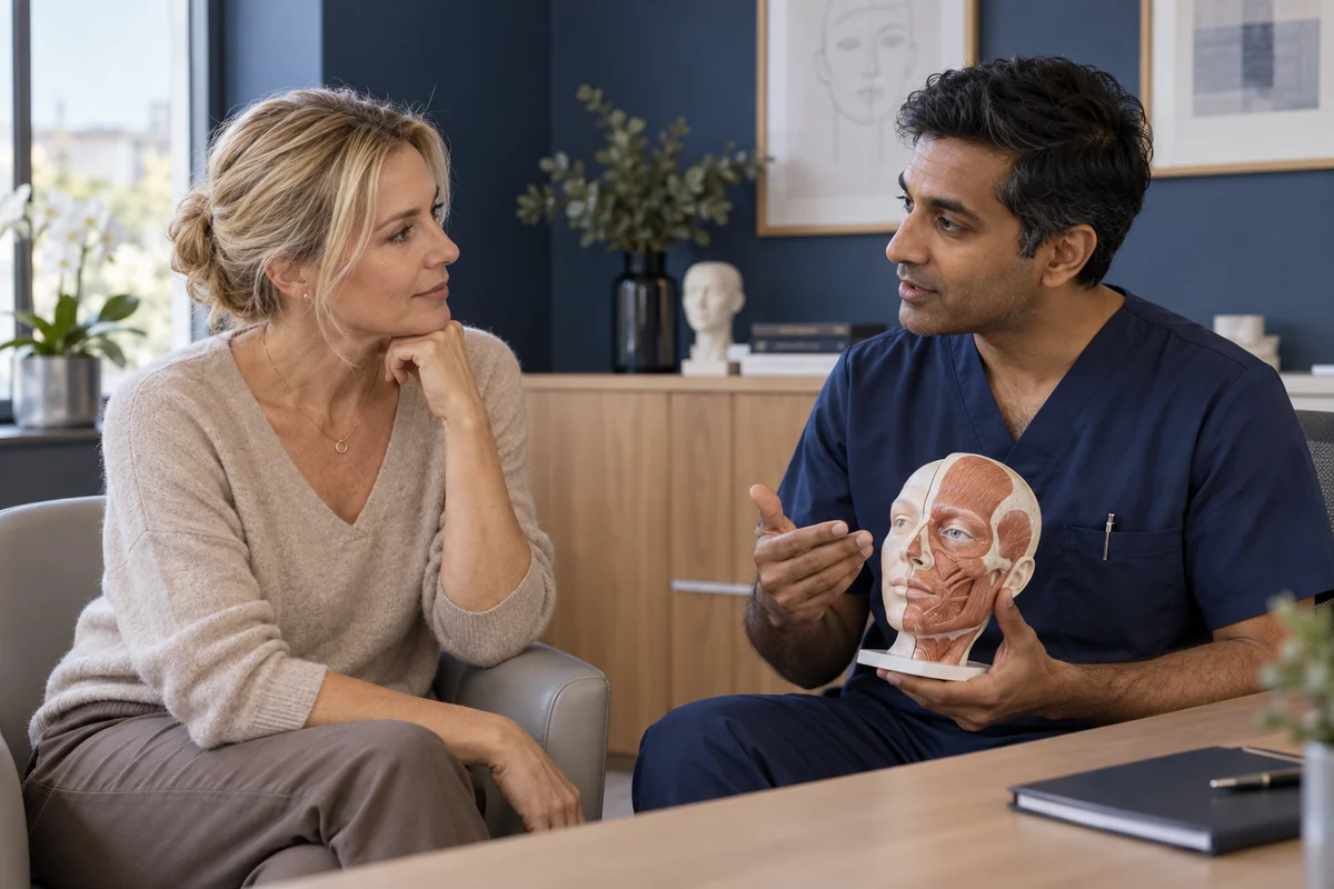 Editorial illustration of a cosmetic surgery consultation with an anatomy model
