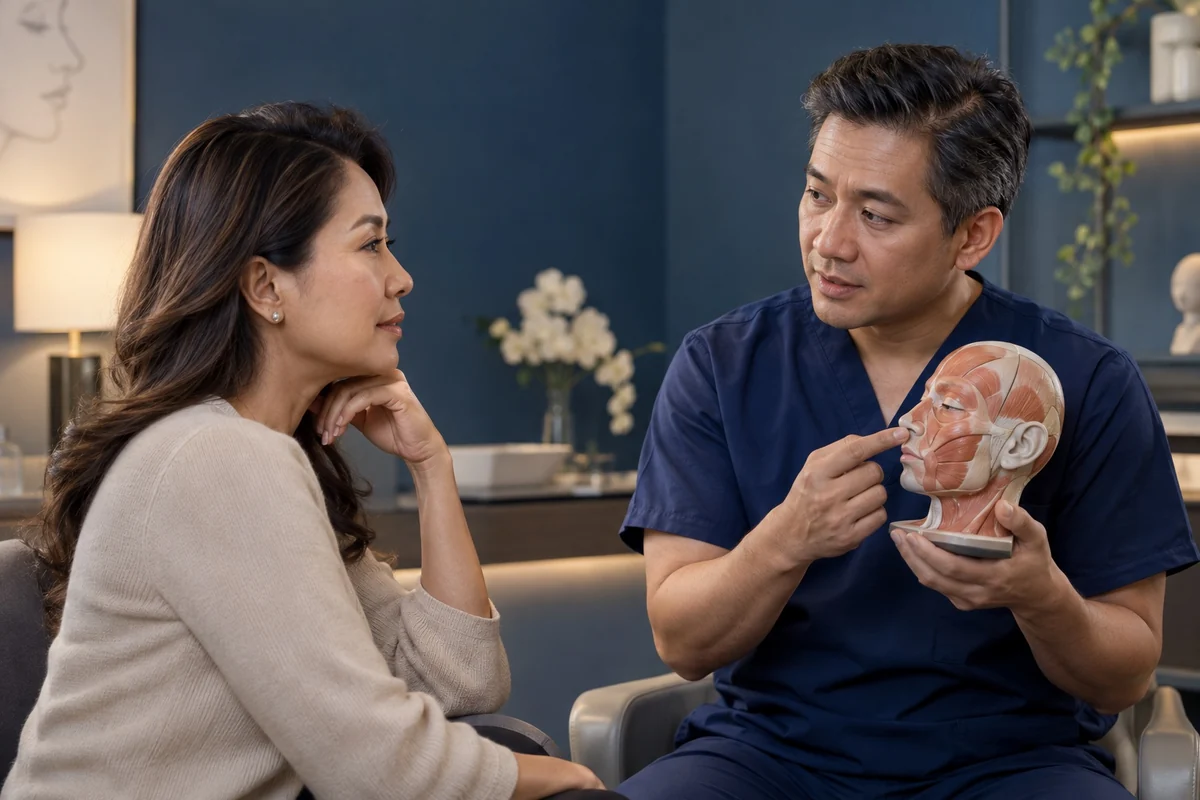 Editorial illustration of a cosmetic surgery consultation with an anatomy model