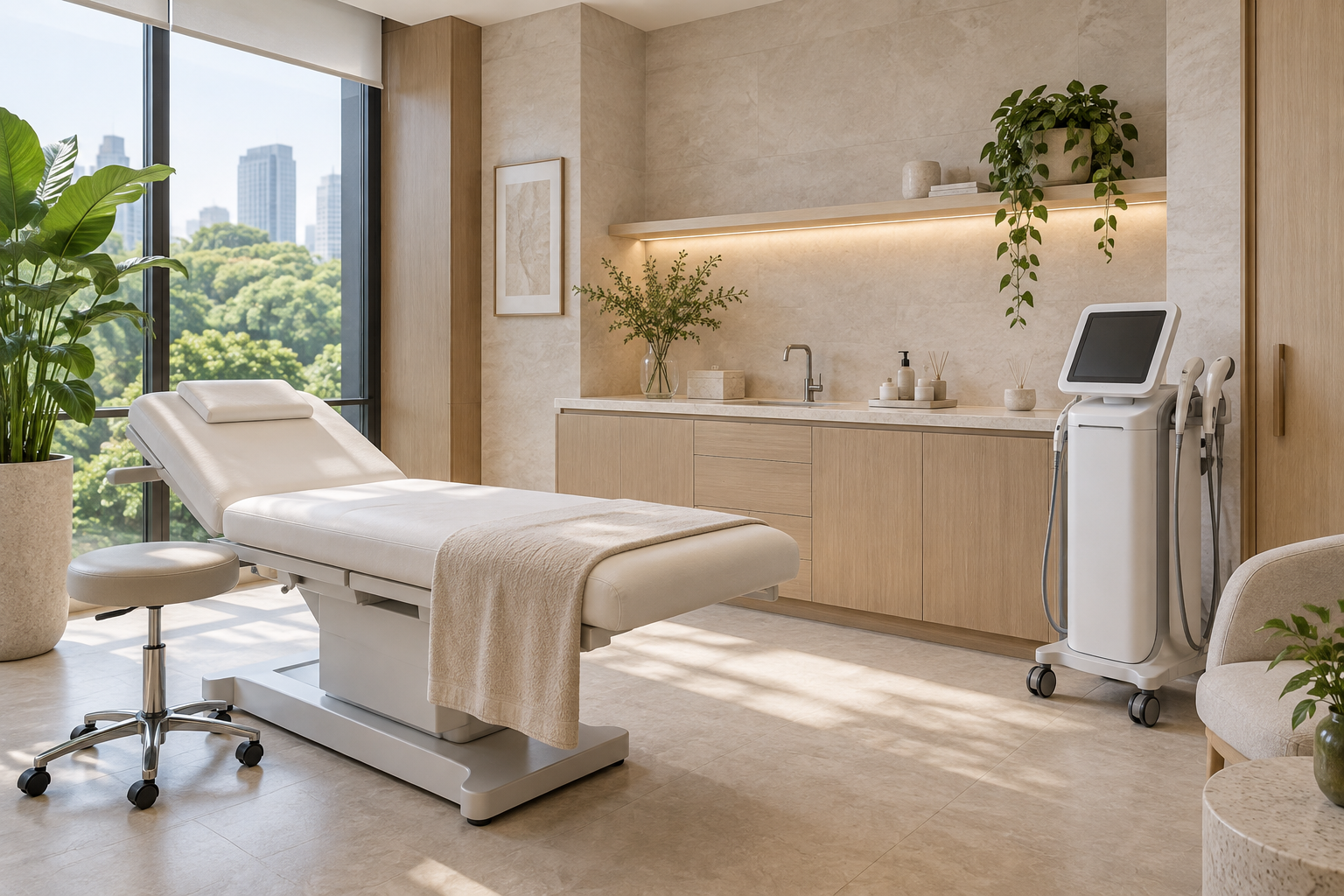 Editorial illustration of a calm skin consultation room