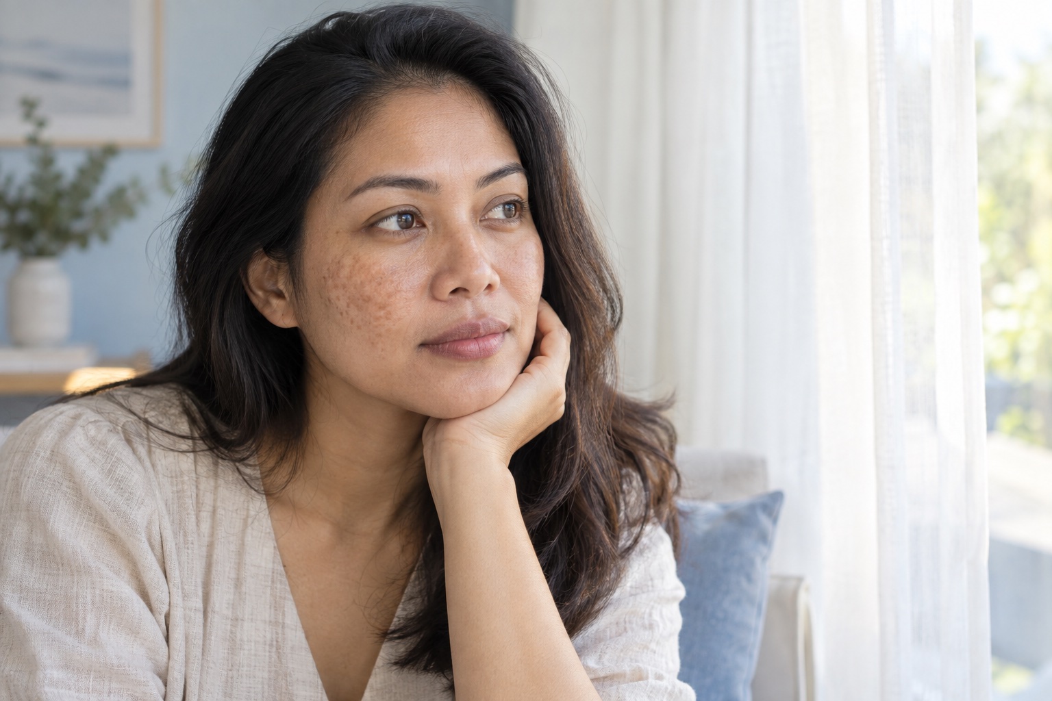 Editorial portrait showing natural skin texture and uneven pigmentation