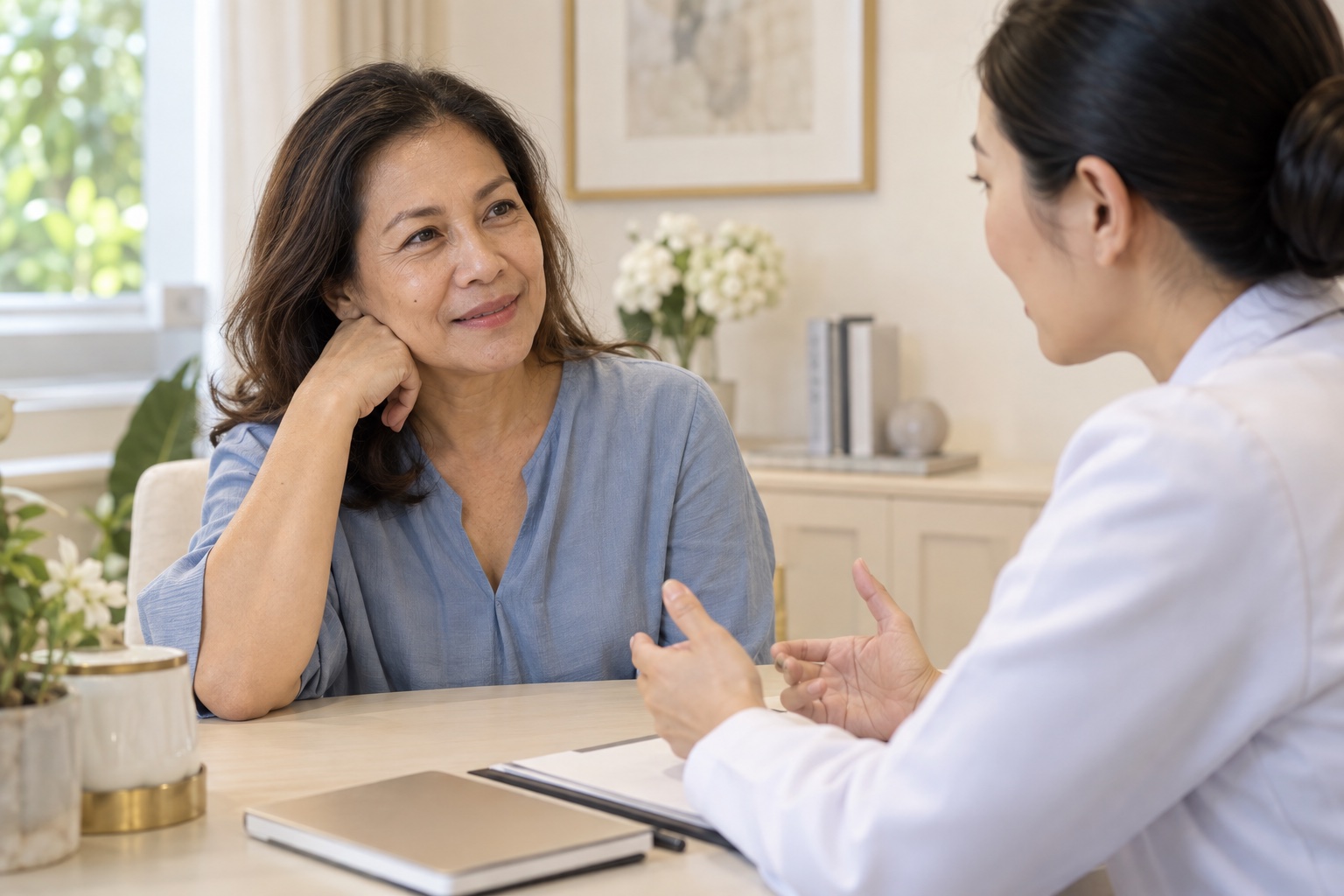 Editorial illustration of a mature woman discussing skin goals with a clinician